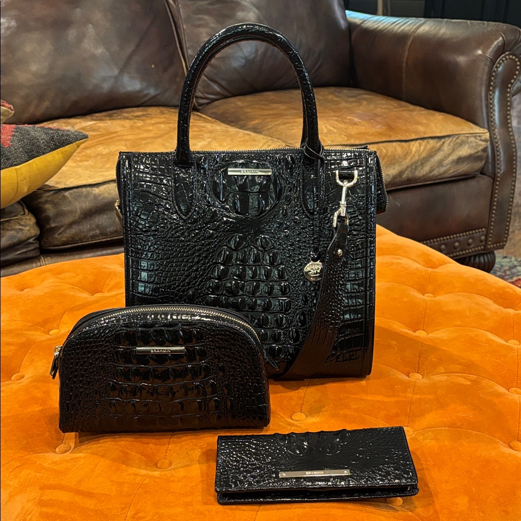 Brahmin Black Crocodile Embossed Handbag Set